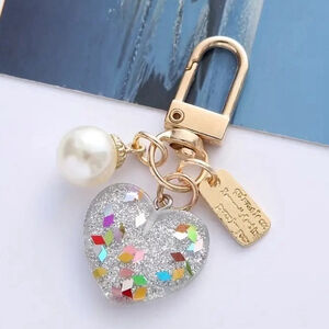 NEW Clear Glitter Heart Pearl Gold Bag Charm Key Ring Accessory